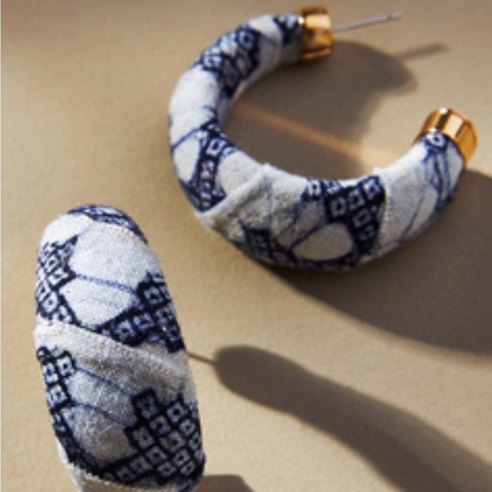 Anthropologie Navy and light grey Fabric Hoop Earrings
